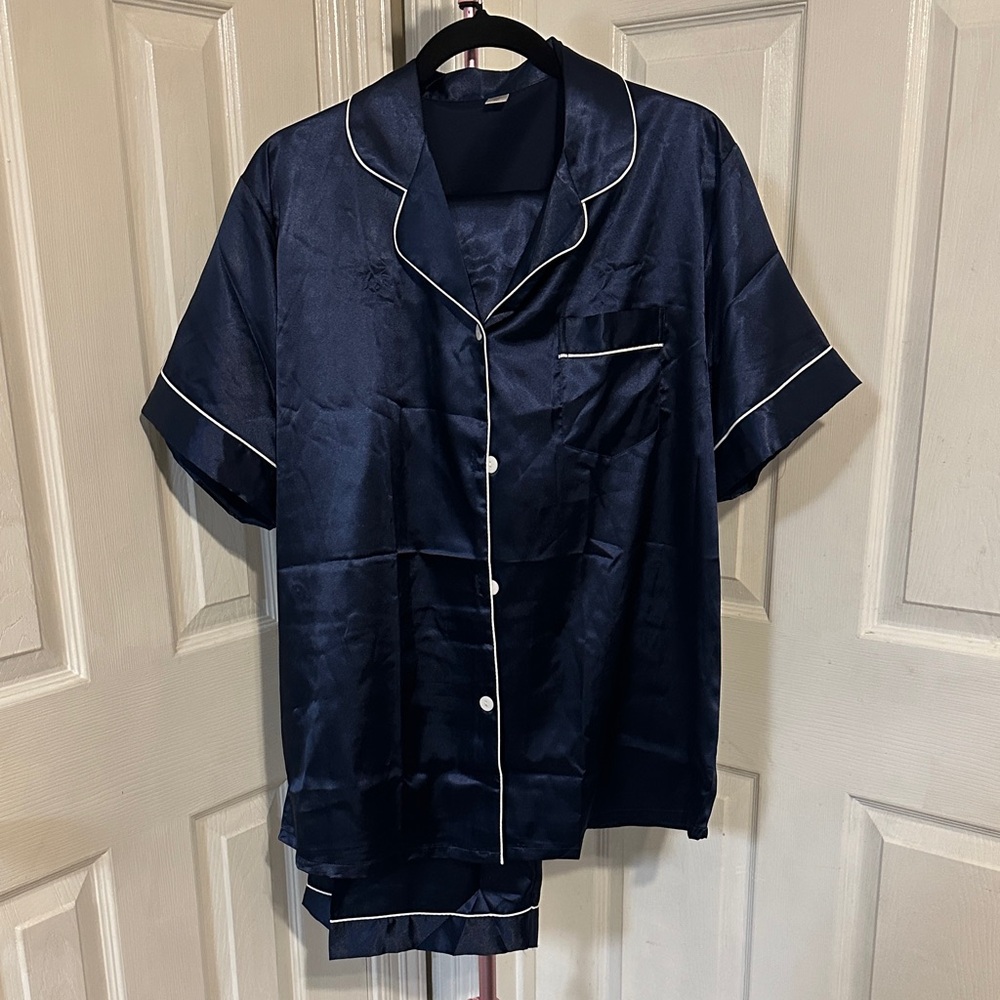 Navy Satin Pajama Set with White Piping